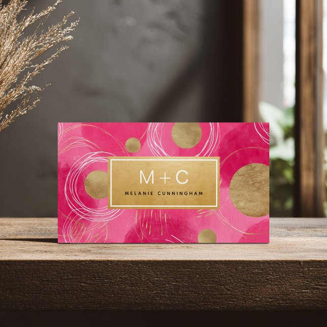 Cartes de visite à monogramme abstrait or rose cha (Créateur téléchargé)