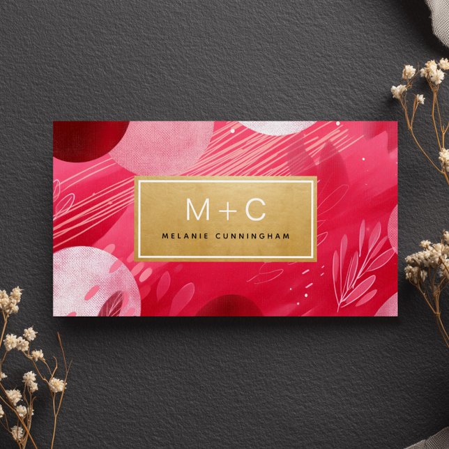 Cartes de visite à monogramme abstrait or rose vif (Créateur téléchargé)