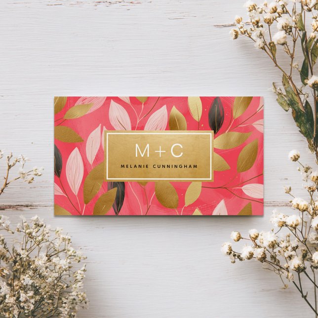 Cartes de visite à monogramme avec feuilles dorées (Créateur téléchargé)