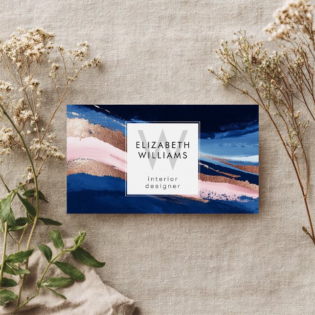 Cartes de visite à monogramme bleu marine rose et  (Créateur téléchargé)