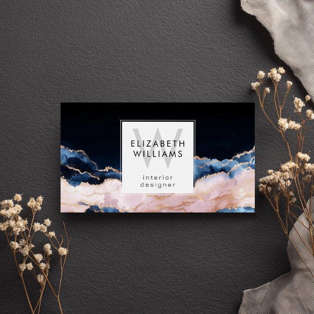 Cartes de visite à monogramme or rose noir bleu ro (Créateur téléchargé)