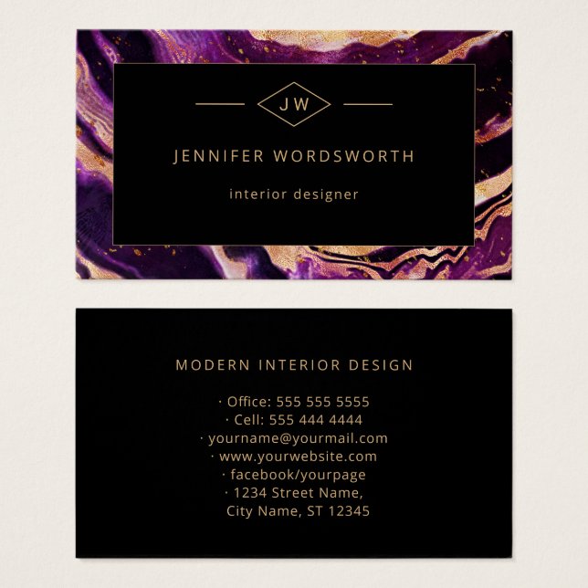 Cartes De Visite Agate Abstraite moderne professionnelle violet noi (Devant & derrière)