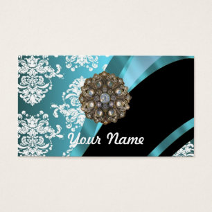 Cartes De Visite Aqua et damassé blanche avec la gemme de cristal