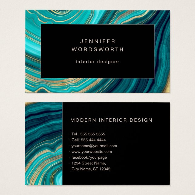 Cartes De Visite Aquarelle Géode Vert noir Agate Malachite (Devant & derrière)