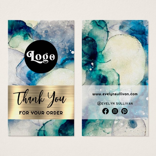 Cartes De Visite Aquarelle turquoise bleue papier d'or insert (Devant & derrière)