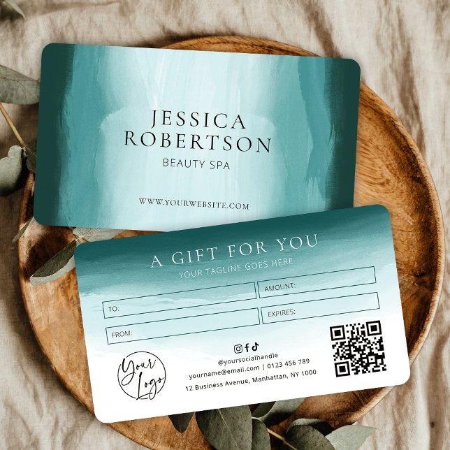 Cartes De Visite Aquarelle turquoise Esthétique Spa certificat cade (Elegant teal watercolor business gift voucher with your logo, QR code and contact details)