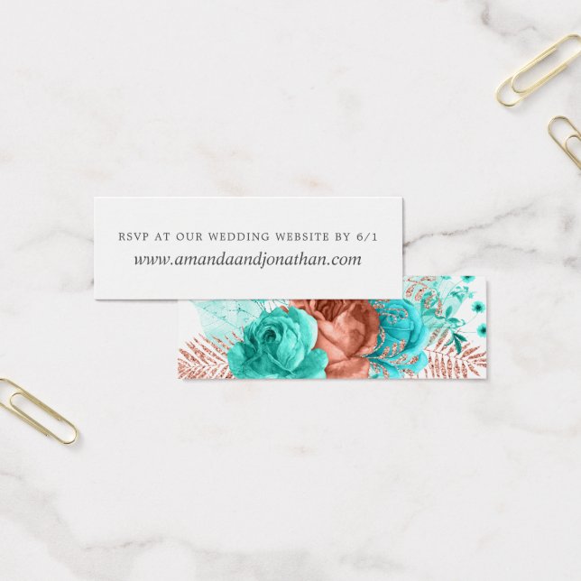 Cartes De Visite Aquarelle turquoise et corail Mariage floral RSVP (Bureau)