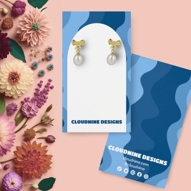 Cartes De Visite Arch Retro Vagues Elevant Collier Bijoux Display (Blue waves custom earring display cards with arch shapes. Social media icons)