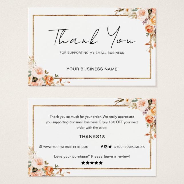 Cartes De Visite Automne Floral Merci Pour Votre Commande Petite En (Devant & derrière)