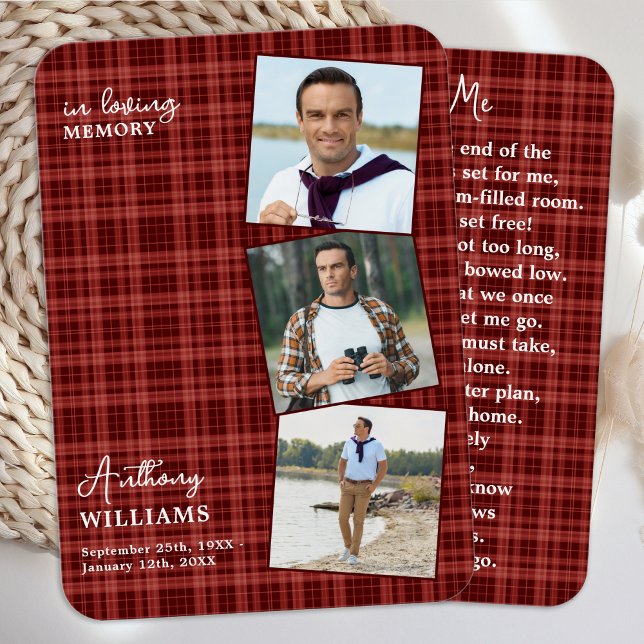 Cartes De Visite Automne Plaid Funeral 3 Photo Memorial Prière Card (Créateur téléchargé)