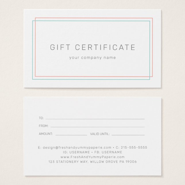 Cartes De Visite AVERY Coral and Teal Business Gift Certificate (Devant & derrière)