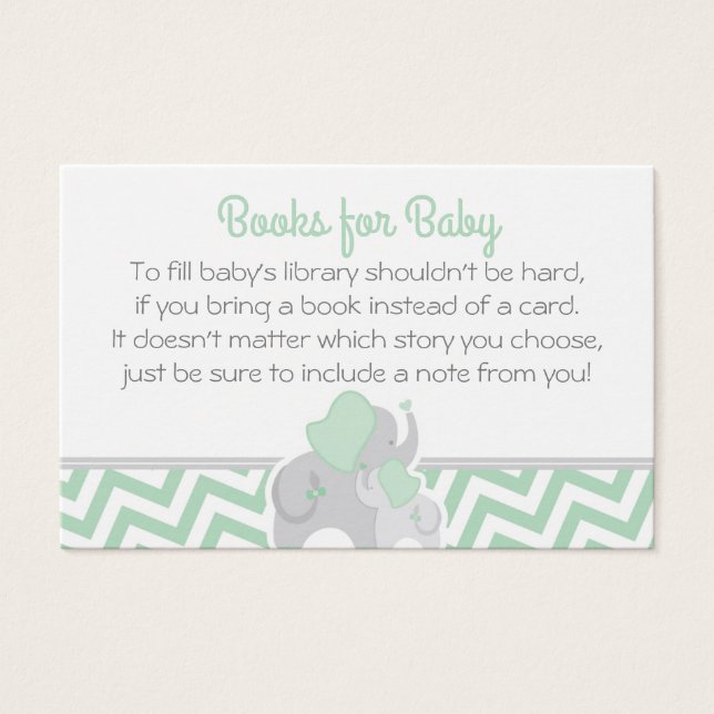 Cartes De Visite Baby shower éléphant Apportez un livre Mint Green  (Devant)