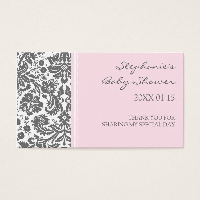 Cartes De Visite Baby shower gris rose damassé Favoriser les étique (Devant)