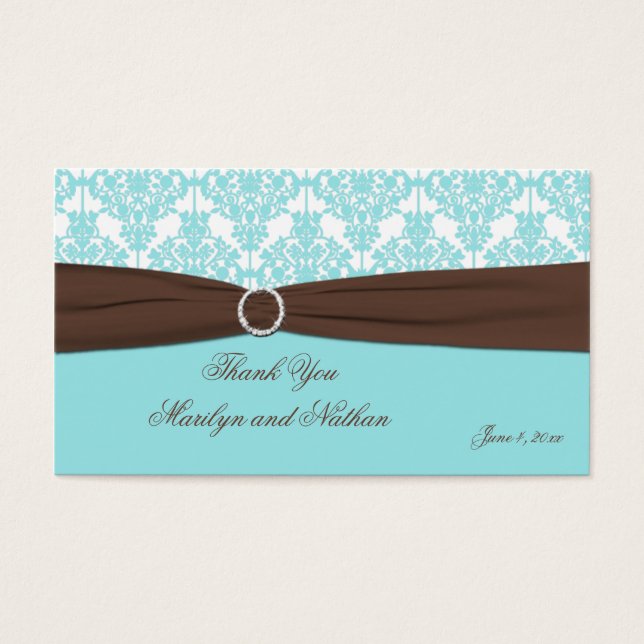 Cartes De Visite Balise Aqua Blue, Brown, Blanc Mariage damassé Fav (Devant)