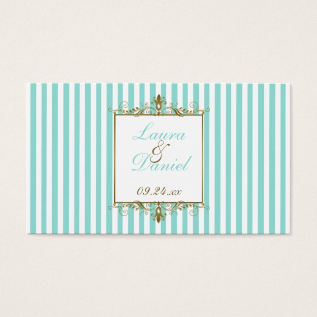 Cartes De Visite Balise Aqua, White Stripes Gold Scrolls Wedding Fa (Devant)