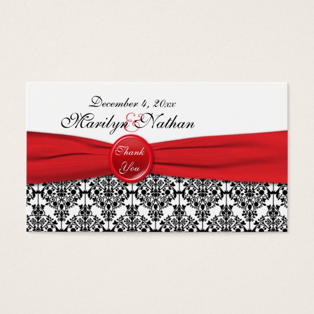 Cartes De Visite Balise Black Damask avec Poppy Red Wedding Favor (Devant)
