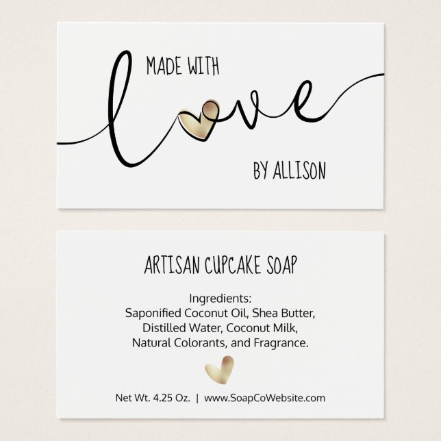 Cartes De Visite Balise de cadeau Gold Heart et Typographie Fabriqu (Devant & derrière)