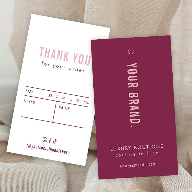 Cartes De Visite Balise de Étiquette Neutre Mulberry & Pink (Neutral Mulberry & Pink Clothing Label Hang Tag with price & size table on the back)