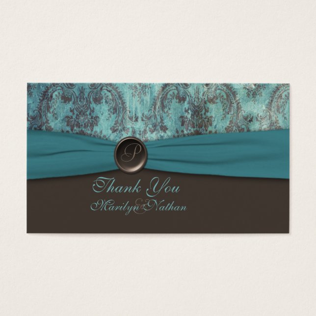 Cartes De Visite Balise Favor Mariage damassé turquoise et Brown (Devant)