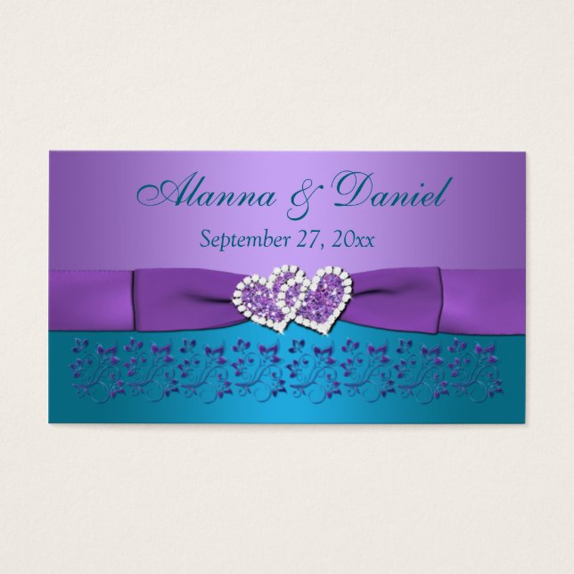 Cartes De Visite Balise Purple, Floral Turquoise, Coeurs Mariage Fa (Devant)