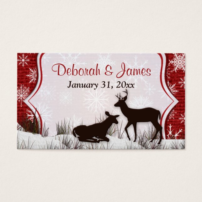 Cartes De Visite Balise Rouge Burlap, Snowflakes, Deer Wedding Favo (Devant)