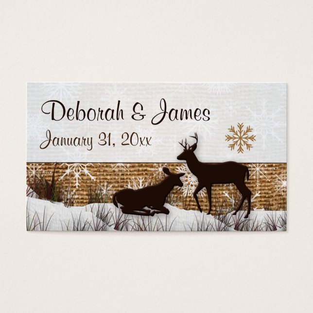 Cartes De Visite Balise Rustique Burlap, Snowflakes & Deer Wedding  (Devant)