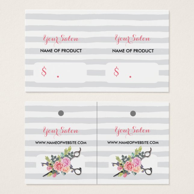 Cartes De Visite Balises Chic Ciseaux Argent Stripes et Rose Hang T (Devant & derrière)