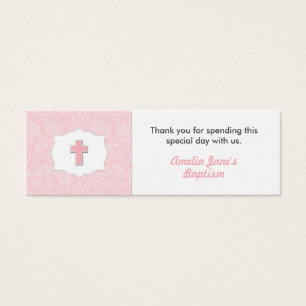 Cartes De Visite Baptême Damas rose Favoriser Balise avec croix