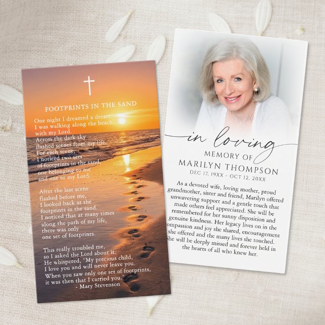 Cartes De Visite Beach Sunset Footprints Photo Remembrance Card (Créateur téléchargé)