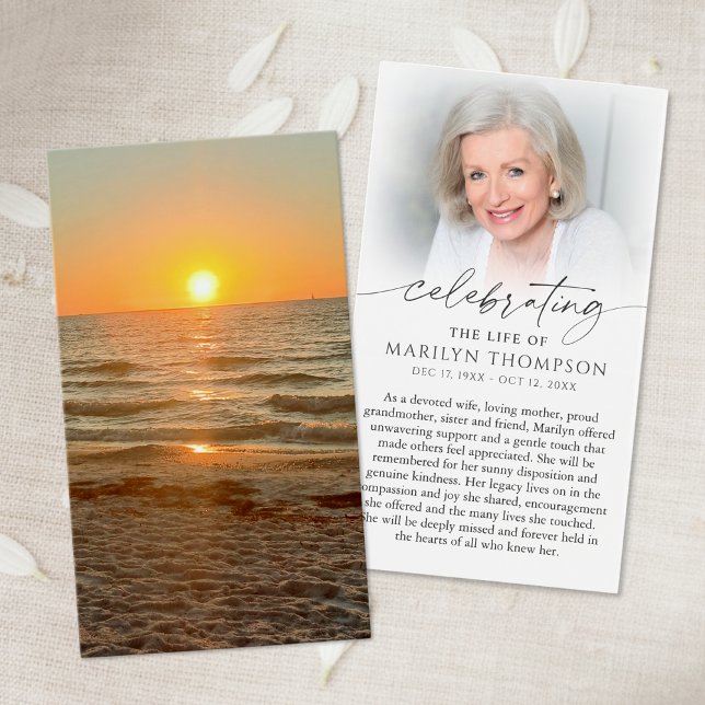 Cartes De Visite Beach Sunset Photo Celebration of Life Prayer Card (Créateur téléchargé)