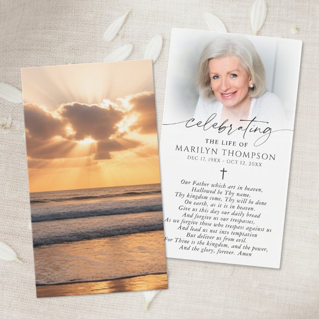 Cartes De Visite Beach Sunset Photo Cross Funeral Prayer Card (Créateur téléchargé)