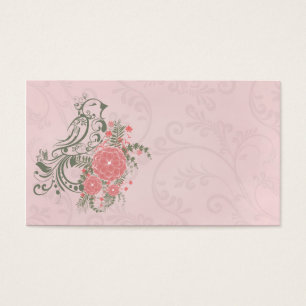 Cartes De Visite Belle girly tourbillonne fleurs oiseau rose gris