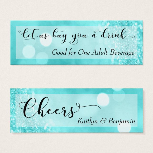 Cartes De Visite Billet Aqua Parties scintillant Bokeh Script Mini  (Devant & derrière)