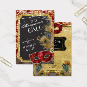 Cartes De Visite Billet d'entrée Masquerade Ball Red Gold Peacock