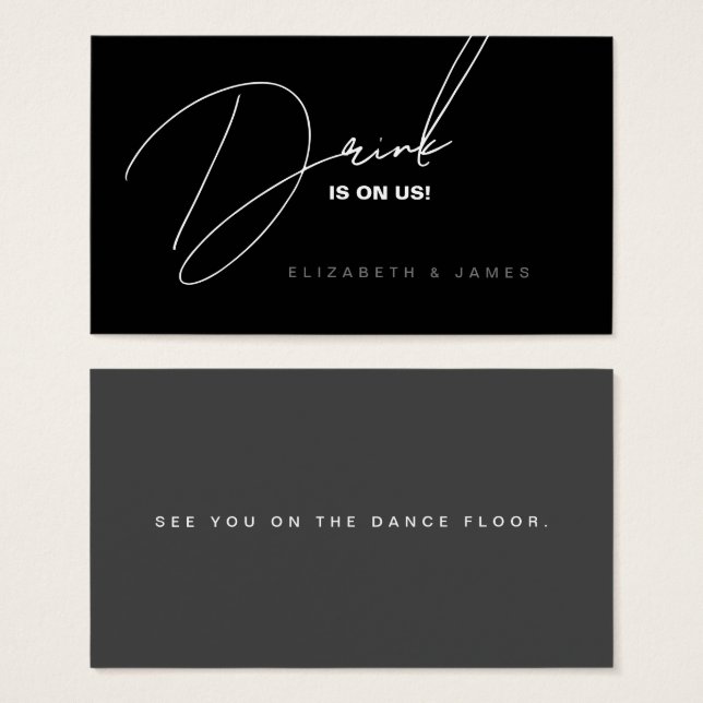 Cartes De Visite Billet simple moderne Mariage noir et blanc Boire (Devant & derrière)