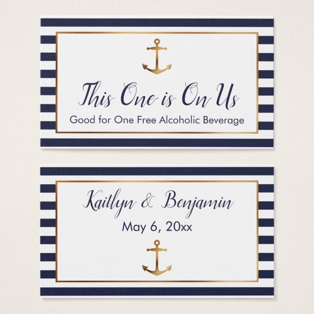 Cartes De Visite Billets de boisson à l'ancre dorée + rayures navy  (Devant & derrière)