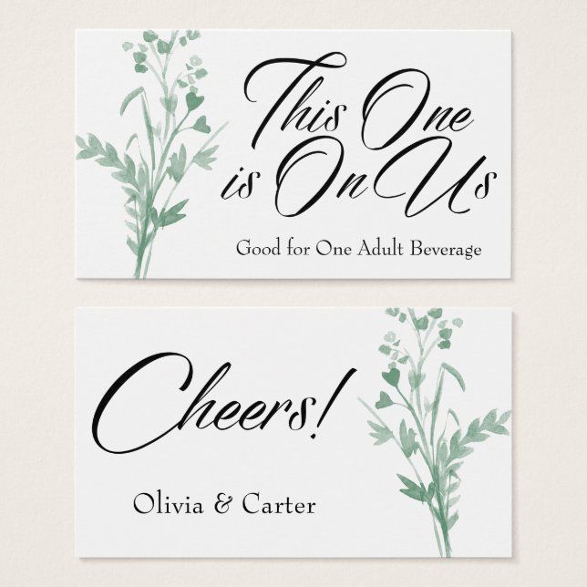 Cartes De Visite Billets de boisson, Aquarelle verte Spray botaniqu (Devant & derrière)