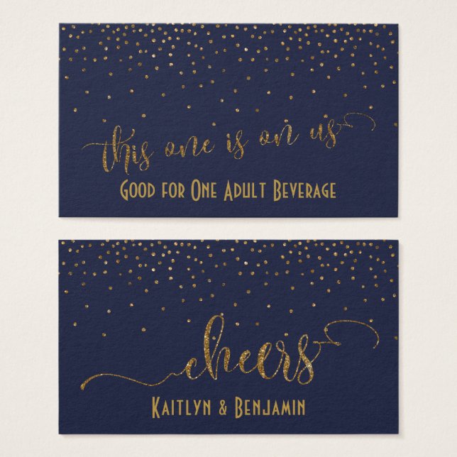 Cartes De Visite Billets de boisson, Confetti d'or sur Midnight Blu (Devant & derrière)