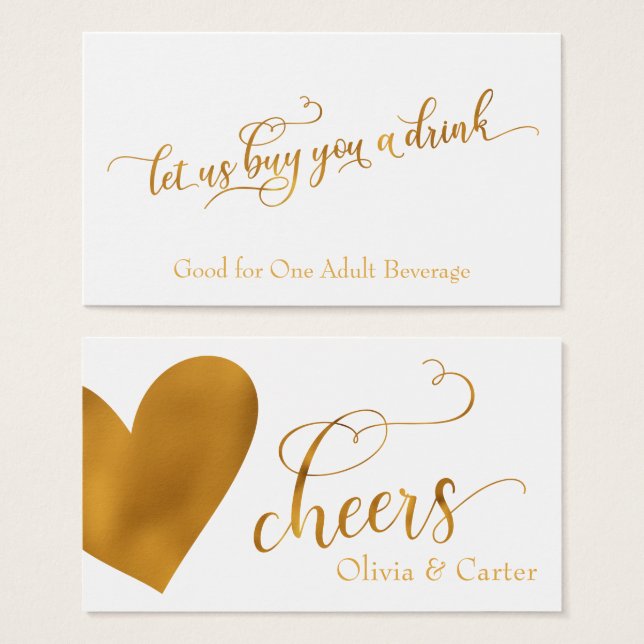 Cartes De Visite Billets de boisson, Elegant Gold Script & Coeur (Devant & derrière)