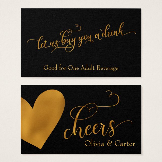 Cartes De Visite Billets de boisson, Elegant Gold Script & Coeur (Devant & derrière)