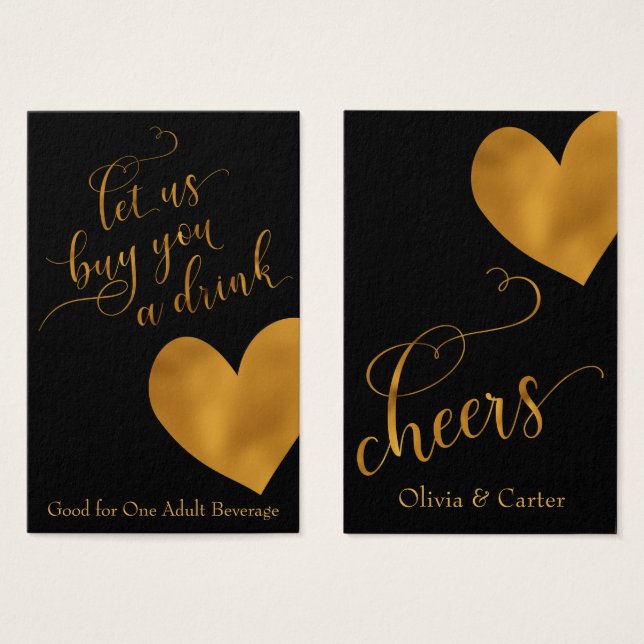 Cartes De Visite Billets de boisson, Elegant Gold Script & Coeur (Devant & derrière)