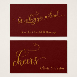 Cartes De Visite Billets de boisson, Élégant script or & Rouge modi