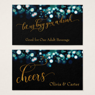 Cartes De Visite Billets de boisson, Gold Script & Turquoise Bokeh
