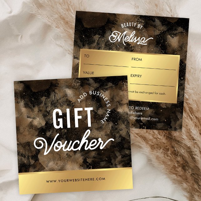 Cartes De Visite Black & Gold Glitter Watercolor Salon Gift Voucher (Black and gold glitter business gift voucher square cards)