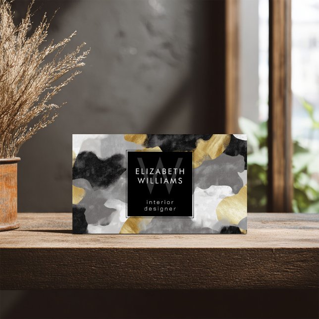 Cartes De Visite Black Gold Gray Monogram Modern Business Card (Créateur téléchargé)