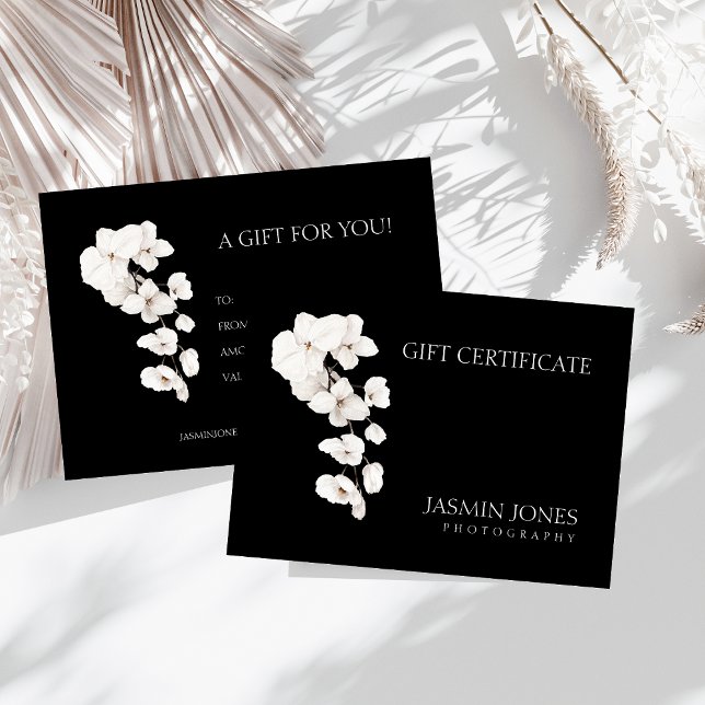Cartes De Visite Black White Orchids Certificat cadeau d'affaires (Modern Black and White QR Code Orchids Flowers Business Gift Certificate)