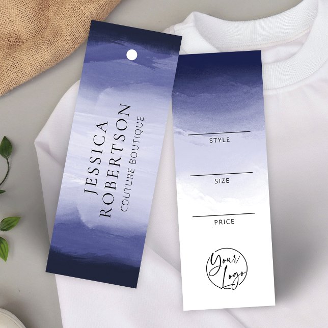 Cartes De Visite Bleu de marine Aquarelle prix de vêtements Étiquet (Elegant navy blue watercolor fashion boutique price tag labels with your logo)