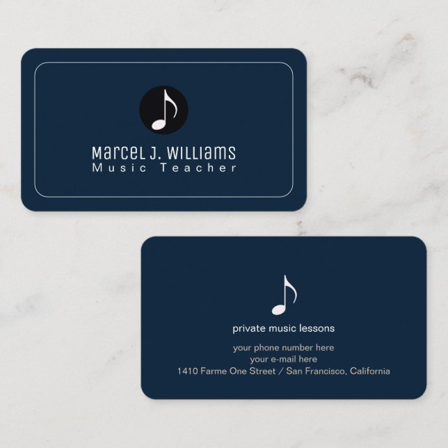 Cartes de visite bleu foncé avec note de musique (Devant / Derrière)