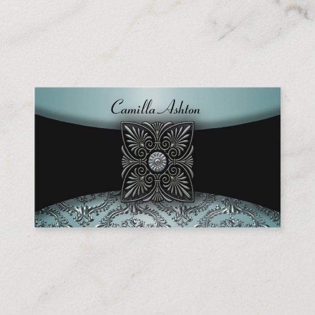 Cartes de visite bleu sarcelle damassé noir (Devant)