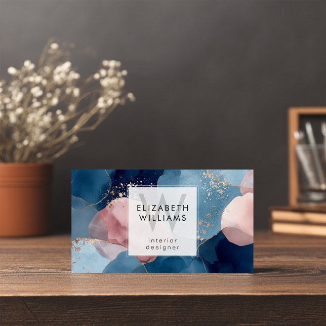 Cartes De Visite Blue Pink Gold Monogram Modern Business Card (Créateur téléchargé)